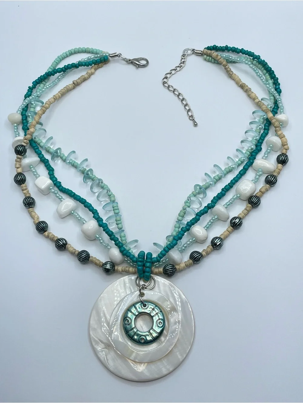 Mother Of Pearl Disc Multi Strand Beaded Beach Statement Necklace Boho Bold